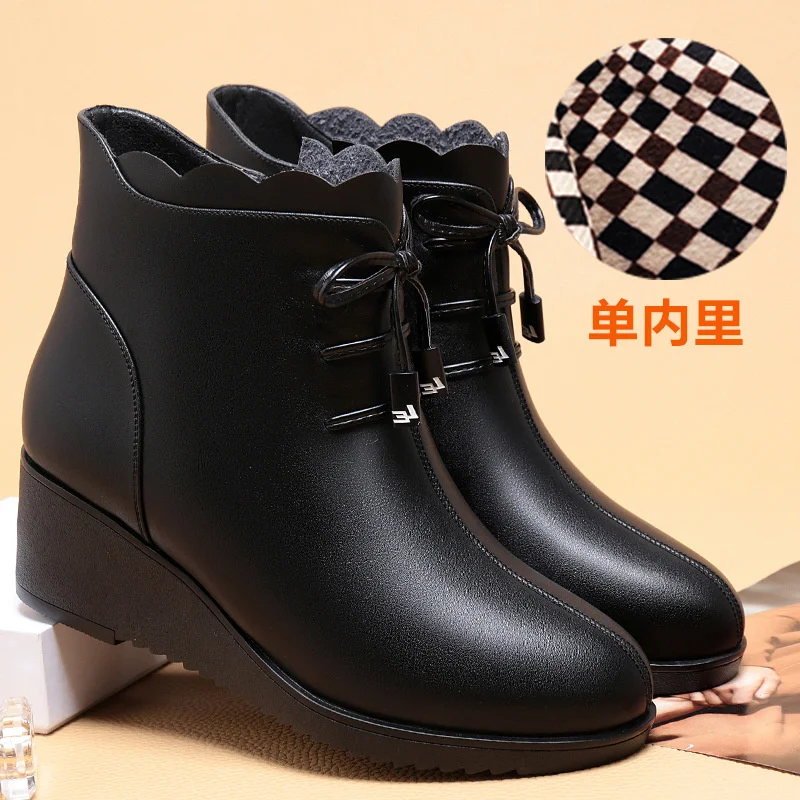 New Zipper Women\'s Wedge Short Boots Butterfly-knot Lace Up Winter Round Toe Solid Plush Warm Ankle Fashion Boots