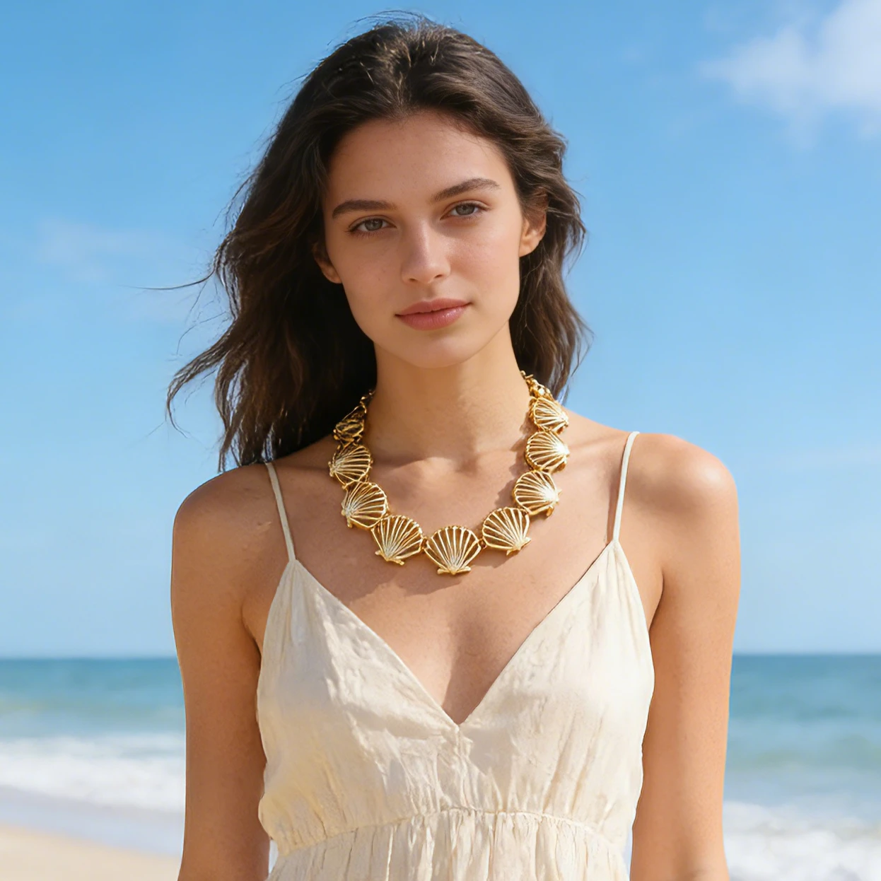 

European and American Metal Summer Beach Shell Gold Necklace New Style Light Luxury Personalized Design Scallop Retro Jewelry