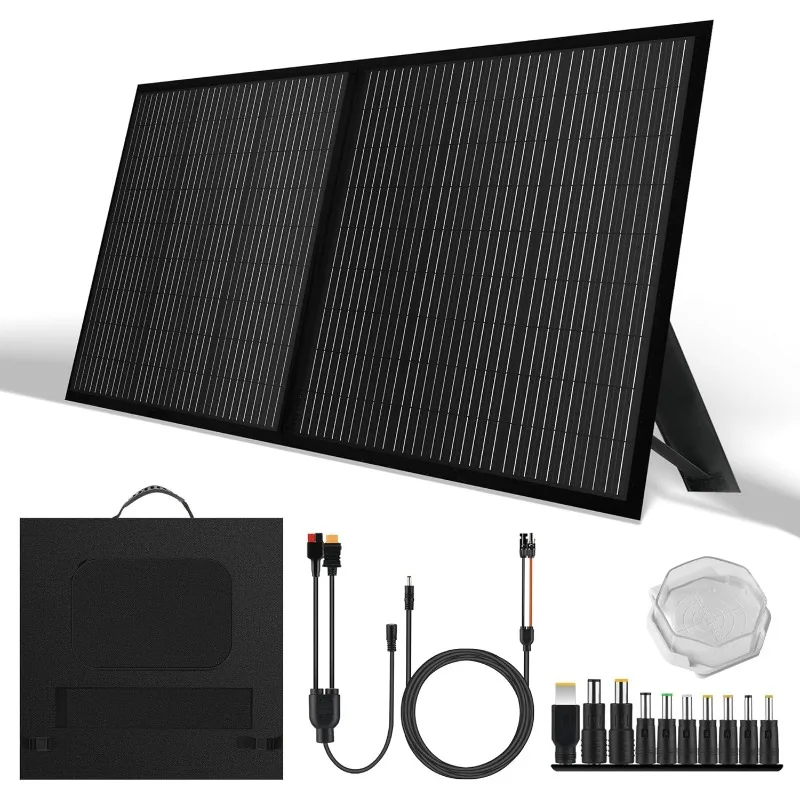 

Portable solar panel with adjustable stand and waterproof IP65 design for power station, travel, outdoor