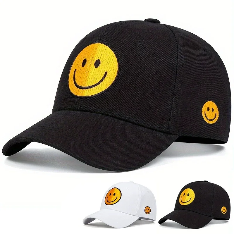 Smiley Face Embroidered Baseball Cap, Cotton Adjustable Curved Brim Casual Sport Hat