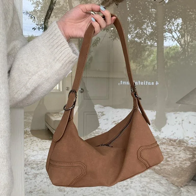 

Retro Faux Suede Women's Shoulder Bags Matte Leather Ladies Crossbody Bag Simple Solid Color Female Underarm Bag Purse Handbags