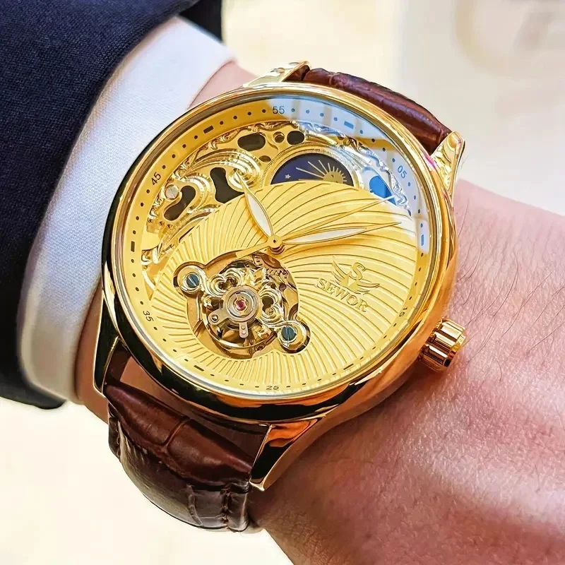 

Новые роскошные мужские автоматические механические часы с дизайном «скелетон» сочетают в себе роскошь и стиль. Эти часы оснащены турбийоном «скелетон» и дизайном «полумесяц», что делает их идеальным подарком во время праздников и деловых встреч, отражая 