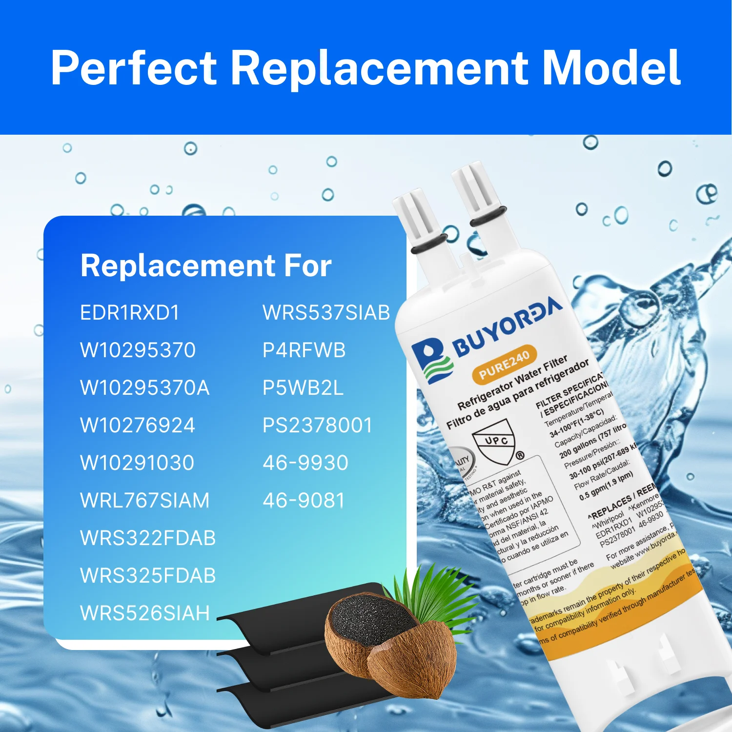 W10295370A فلتر مياه بديل متوافق مع for Everydrop Filter 1 لـ for Whirlpool EDR1RXD1 P8RFWB2L 469930 469081 عبوة 6 قطع