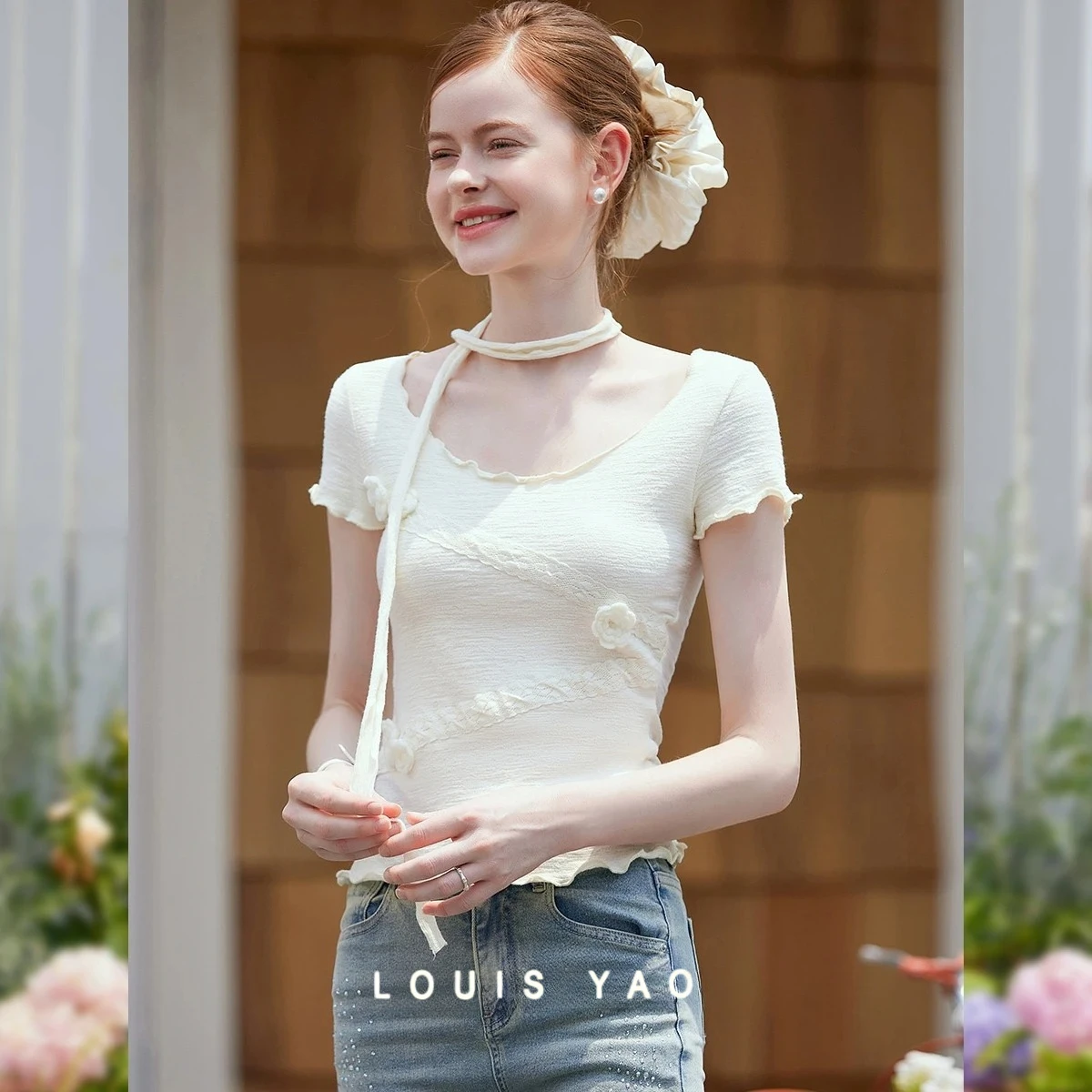 

Summer Women's T-shirt Fashion 3D Flower Decoration Lace Splicing Short Sleeve Micro Elastic Slim Fit T-shir Female Clothing