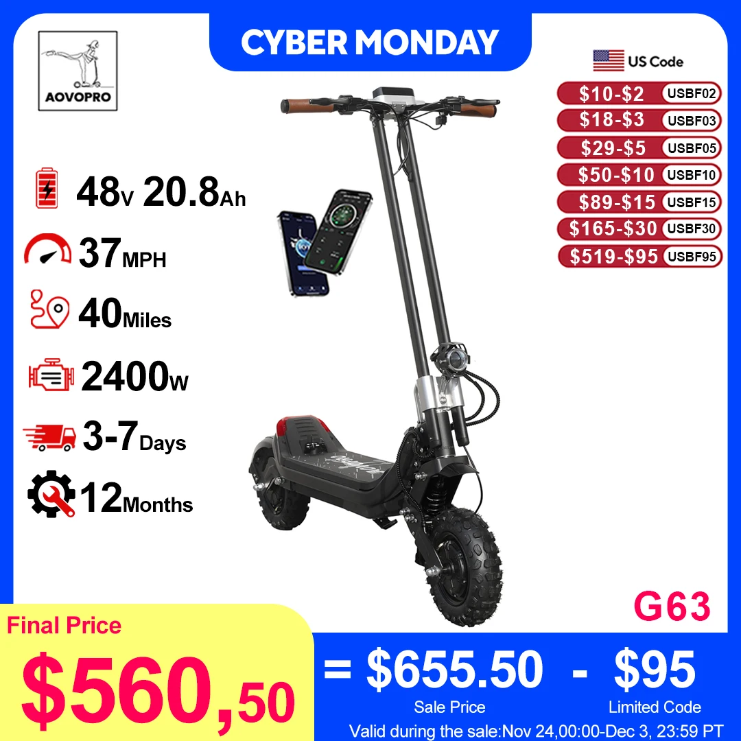 

AOVOPRO G63 Electric Scooter 11 inch Off road 2400W Foldable 28mph Max Speed 60-75KM Max Range Electric Scooter for Adult