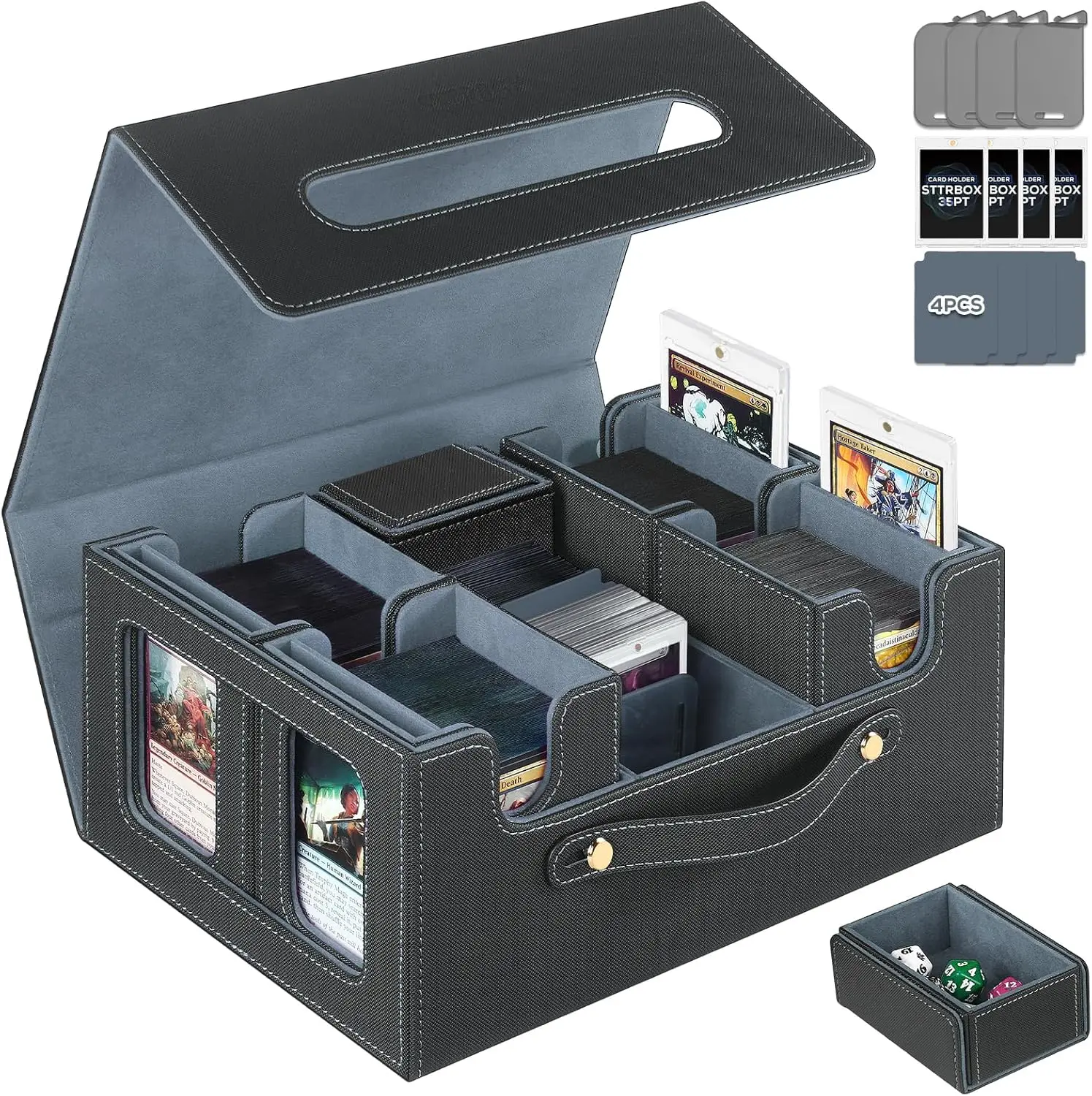 

Multi Deck Storage Case with Four Dividers Stoppers and Toploaders for Trading Card Games
