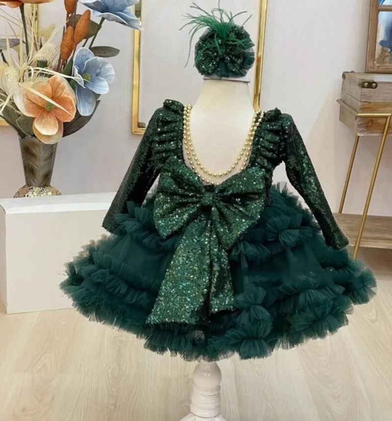 Geschwollene grüne Baby kleid Kleinkind erstes Geburtstags kleid Kind Tutu Outfit Weihnachten Neujahr Größe 1-12t