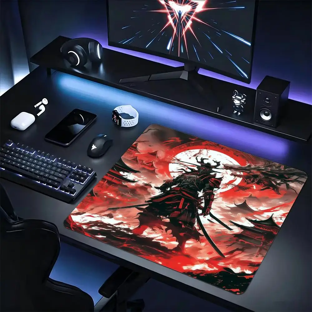 Gaming Mice Mat Japanese Samurai Ink Art Mousepad Anti‑slip Small Deskmat Gamer Accessoires Lock Edge KeyboardPad Laptop Desktop