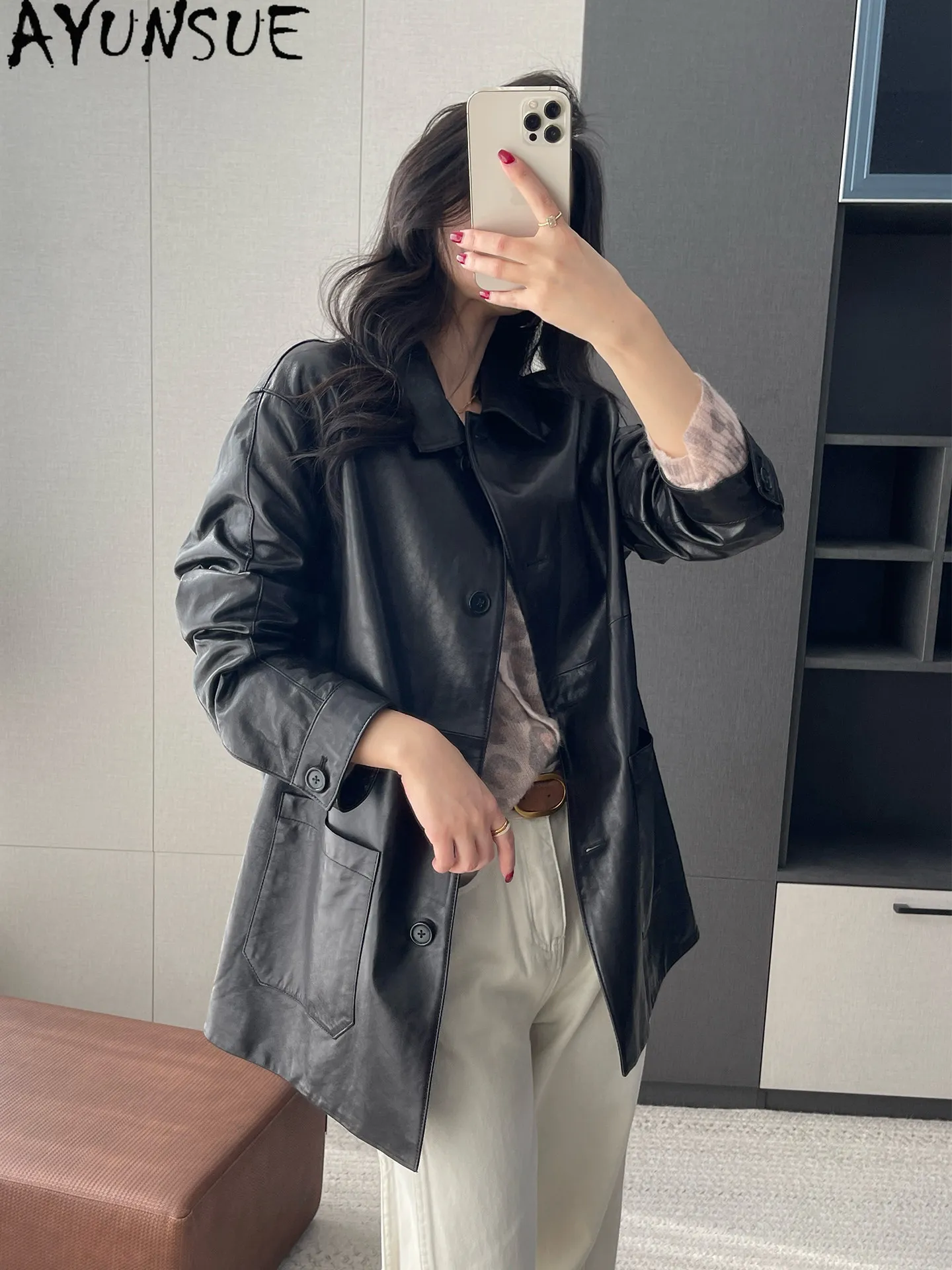 AYUNSUE Top Layer Sheepskin Real Leather Jacket Women Vintage Autumn Clothes Mid-length Coat for Woman Loose Fit Куртка Кожаная