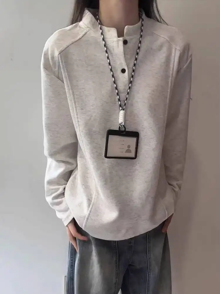 Men's Autumn Henley Collar Long Sleeve T Shirt Deconstructed Paneled Design Regular Shoulder Base Layer Trendy Sweatshirt