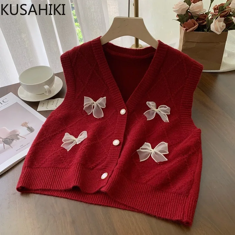 KUSAHIKI Butterfly Knot Knitted Vest Women\'s 2024 Autumn New Korean Style Causal Sweater Cardigan Waistcoat Jacket