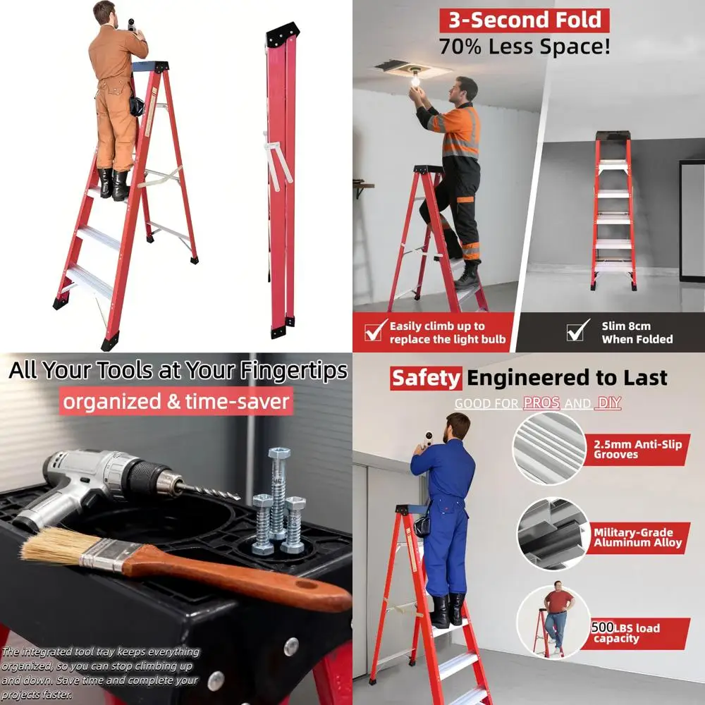 سلم من الألياف الزجاجية بطول 6 أقدام مع منصة أدوات، سعة 500 رطل، نوع IA للمطبخ والمستودعات والاستخدام المنزلي