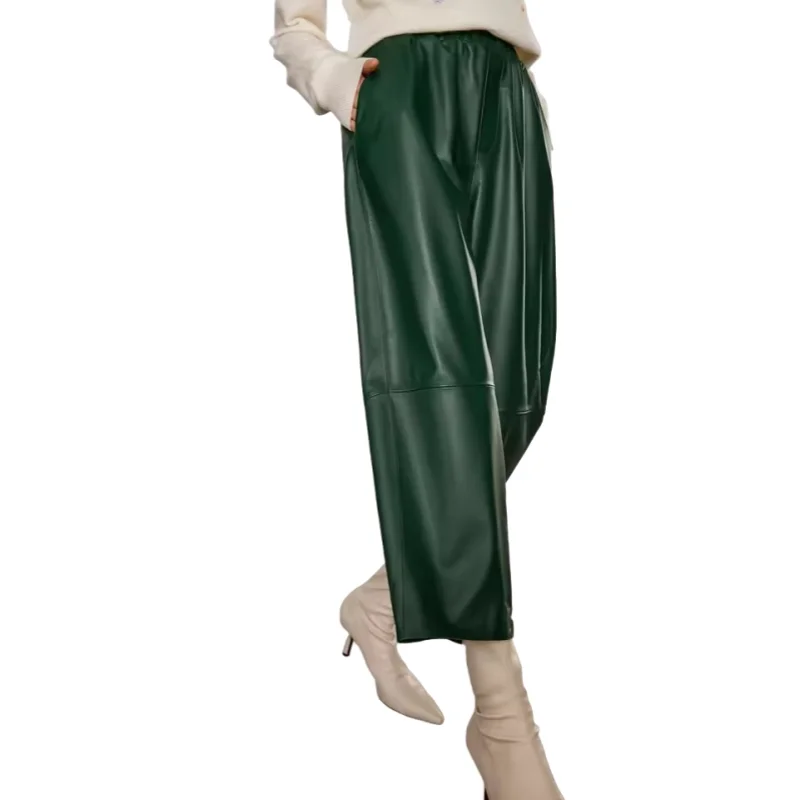 Women's Leather Pants, Ankle Length, Genuine Sheepskin Pants, Wide Leg Haren Pants, Elastic Waist, Spring and Autumn