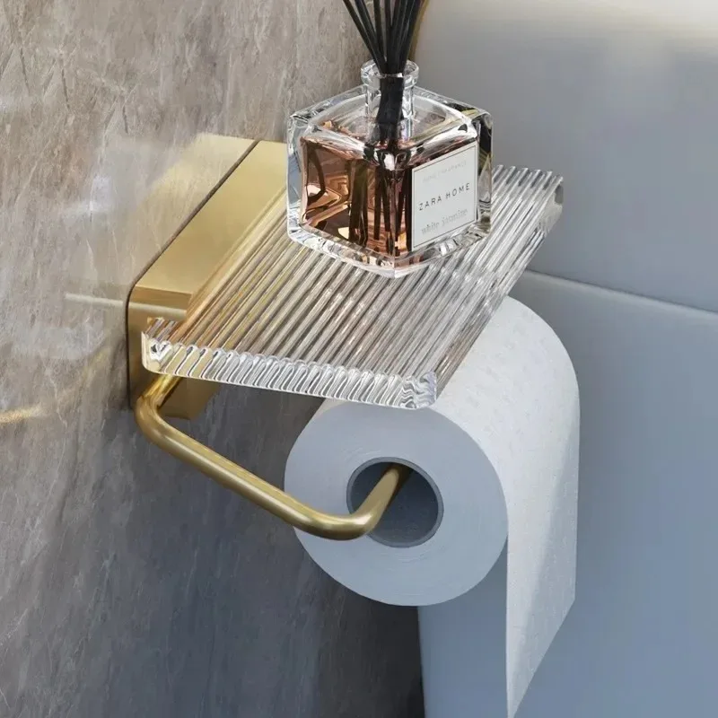 Bathroom Wall-Mounted Punch-Free Acrylic Roll Paper Holder With Shelf Organizer Tissue Hanger,Gold Luxury Toilet Paper Holder