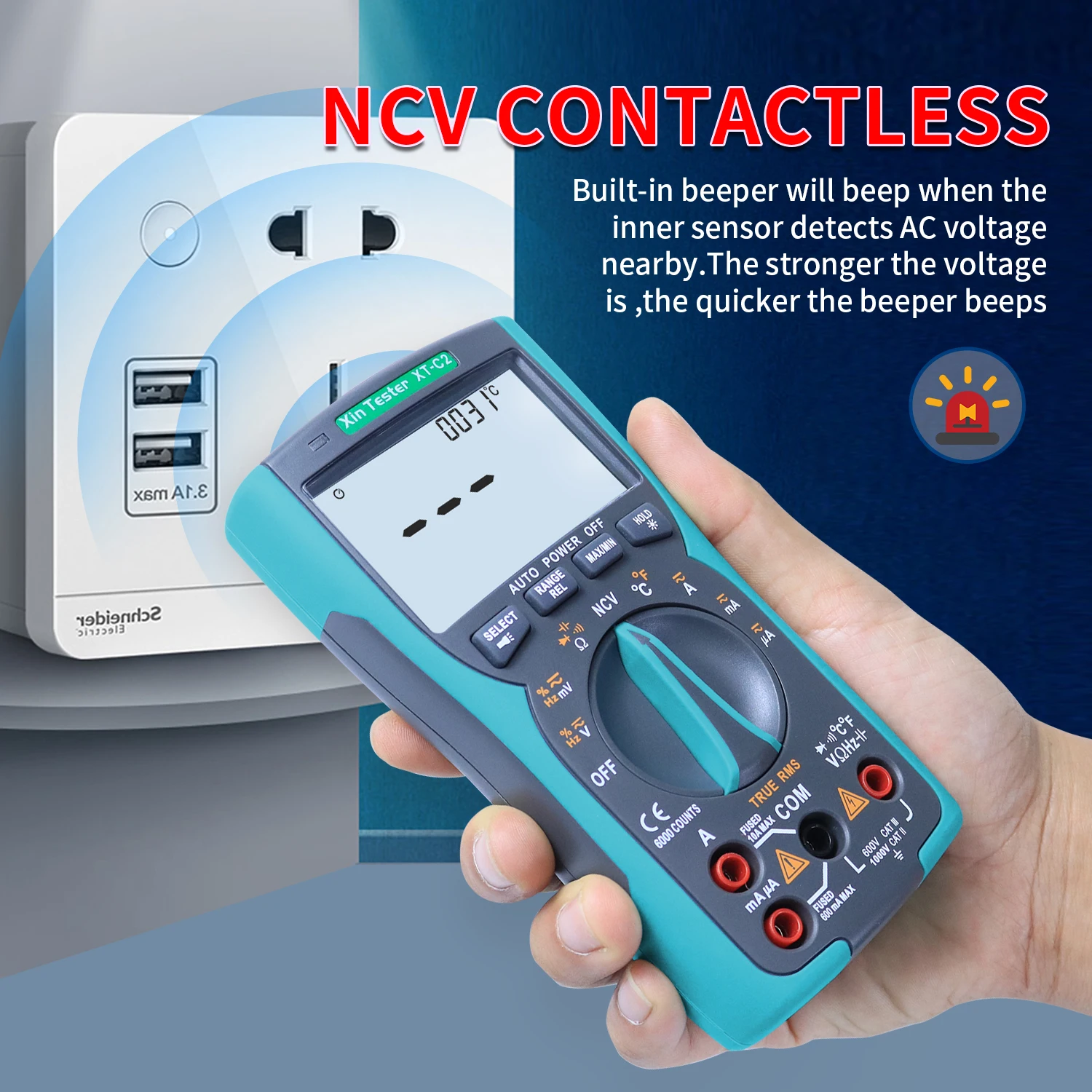 Xin Tester Digital Multimeter NCV Tester 6000 Times RMS Auto-Range Voltmeter Simulation AC DC Transistor Capacitor