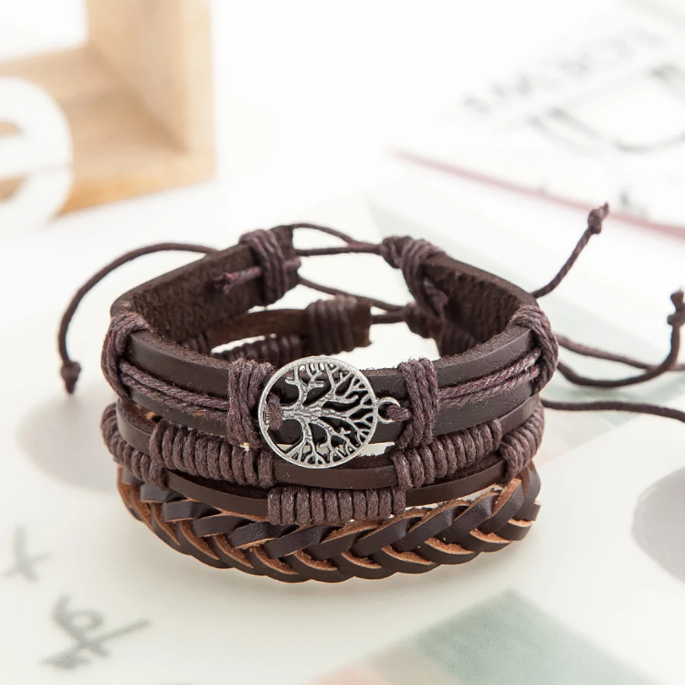 Bracelet For Men New Punk Tree Of Life Bracelet Multi-Layer Black Braided Bracelet Set High-Quality Alloy Leather Bracelet