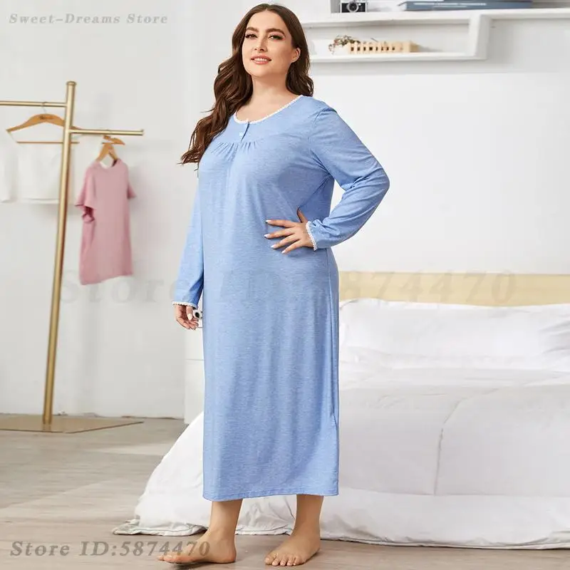 Blue Long Sleeved Nightdress Women\'s Sweet Lace Edge Nightgown Large Size 4XL Sleepwear Casual Home Dressing Gown Lounge Wear