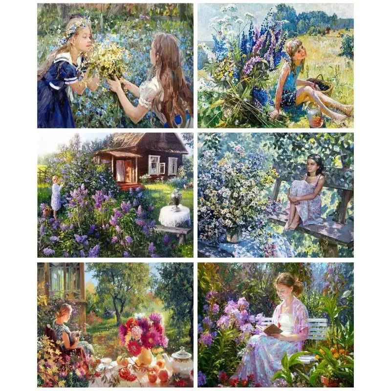 

CHENISTORY DIY Pictures By Number Garden Girl Kits Home Decor Painting By Numbers Landscape Drawing On Canvas HandPainted Art Gi