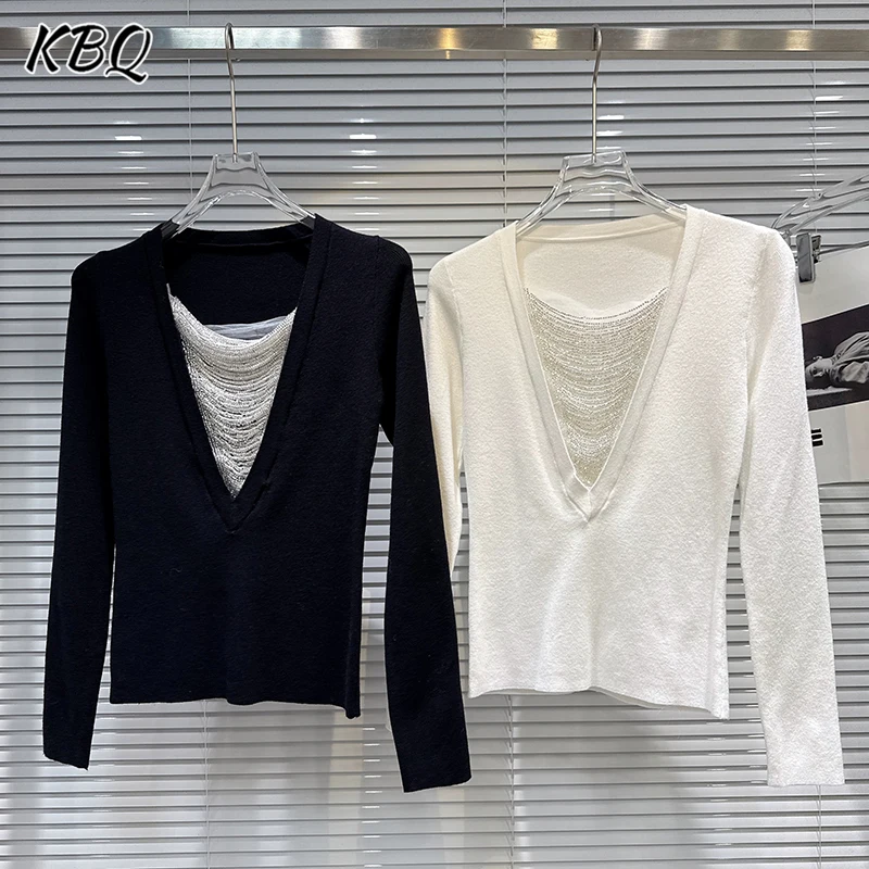 

KBQ однотонные французские светские утягивающие вязаные топы для женщин с v-образным вырезом и длинными рукавами, темпераментный дизайн, футболки, женская мода, новинка