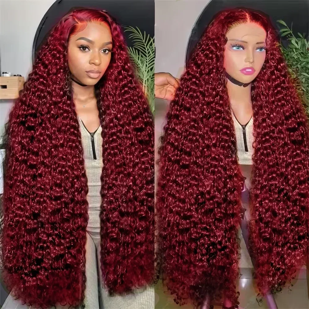 

42 44 Inch 99J Burgundy Lace Front Wig Deep Wave Human Hair 200 Density 13x4 13x6 HD Water Curly Wave Lace Frontal Wig Remy Hair