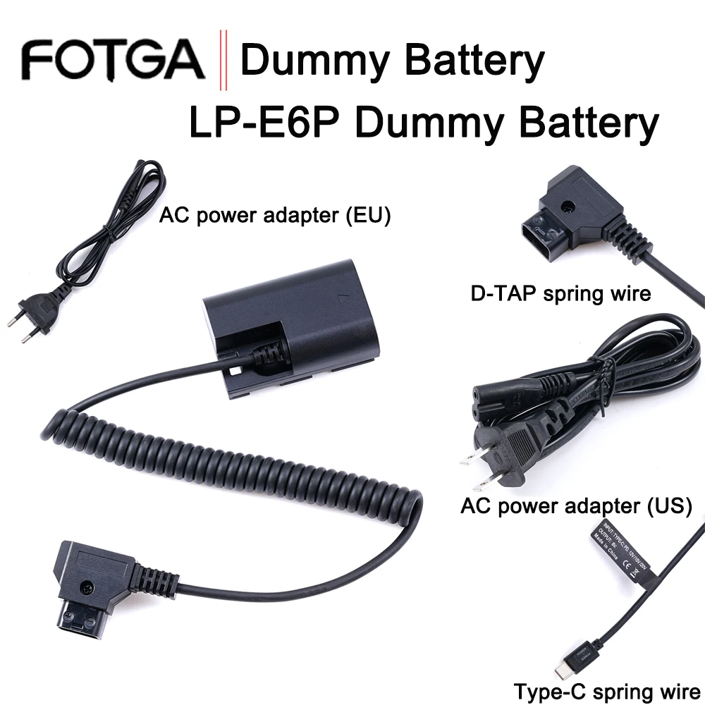 FOTGA LP-E6P Dummy Battery+D-TAP Power Supply Spring Wire/Type-C Power Supply Spring Wire/AC Power Adapter For Canon EOS R6V C50