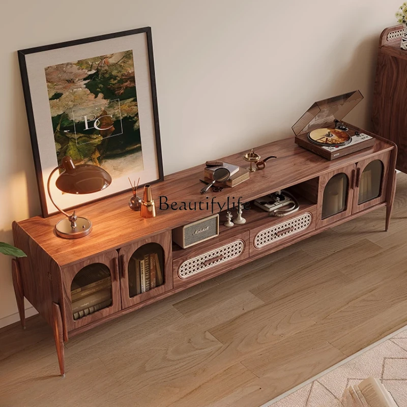 

Solid Wood TV Cabinet Living Room Simple Small Apartment Light Luxury North American Black Walnut Log Furniture