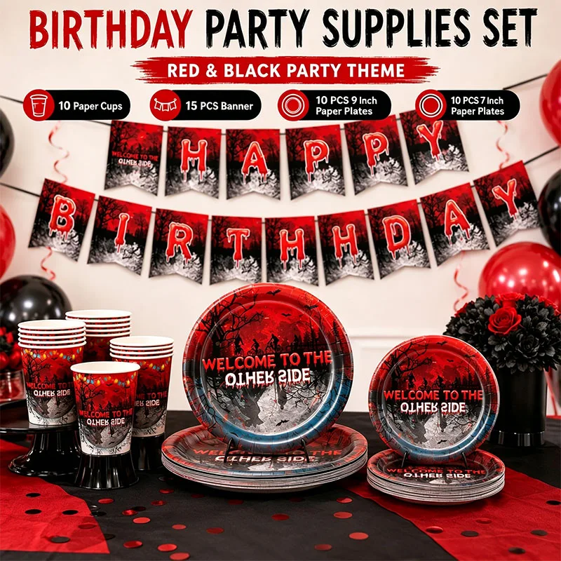 Stranger Things Tischdecke, Tasse, Serviette, Happy Birthday Banner, Ballon, Stranger Things Partydekoration, Einweg-Tischgeschirr-Set – Detail 3