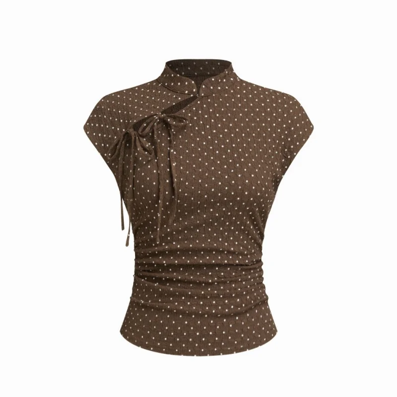 Women Vintage Chinese T-Shirt Cute Dotted Tie up Ruched Short Sleeves Cheongsam Tops for Streetwear