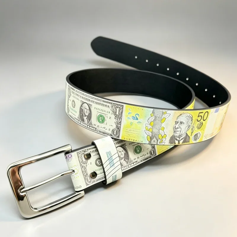 Unisex Y2K Streetwear Money Print Waist Belt Retro US Dollar Euro Bank Note Pattern Leather Adjustable Pin Buckle Belt for Pants