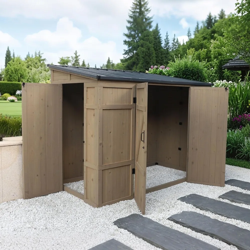 سقيفة تخزين خشبية خارجية مقاس 4 × 8 أقدام، مجموعة أدوات الحديقة مع 3 أبواب قابلة للقفل، صفعة معدنية مقاومة للماء #1