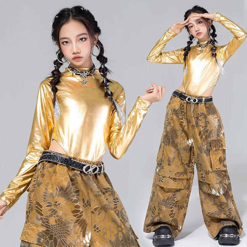 2025 roupa de jazz meninas kpop palco mostrar traje ouro dança desempenho outfit hip hop roupas de dança de rua criança moda calças 4588