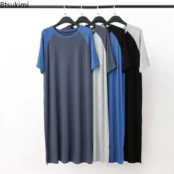 New 2024 Men's Modal O-neck Sleepwear Nightgown Patchwork Robes Mid-long Knee Length Loose Home Clothes Loungewear for Men Dress