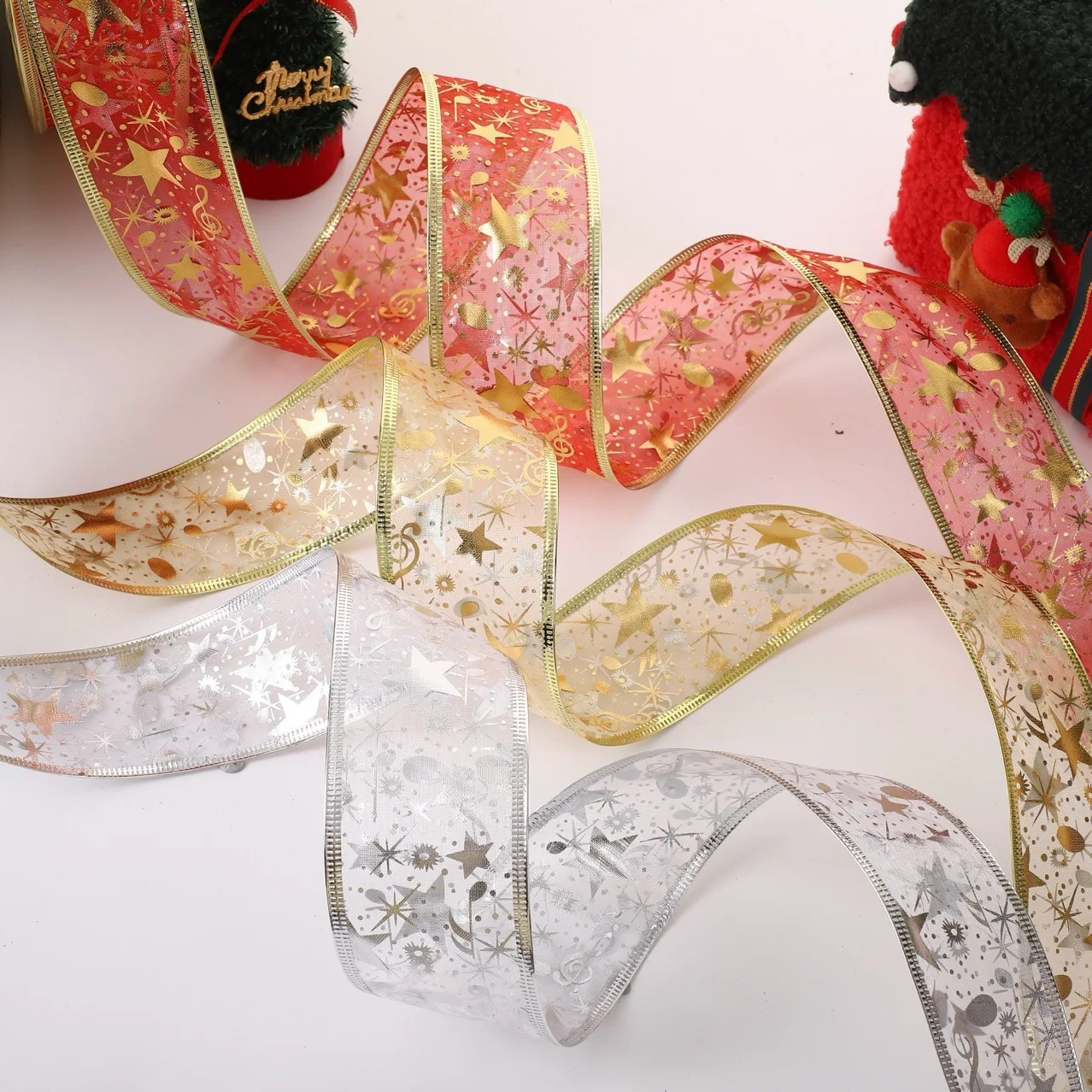 2 yards Double-layered Christmas Decorative Ribbon with Musical Notes Gold Thread Embellished, Christmas Tree Trim