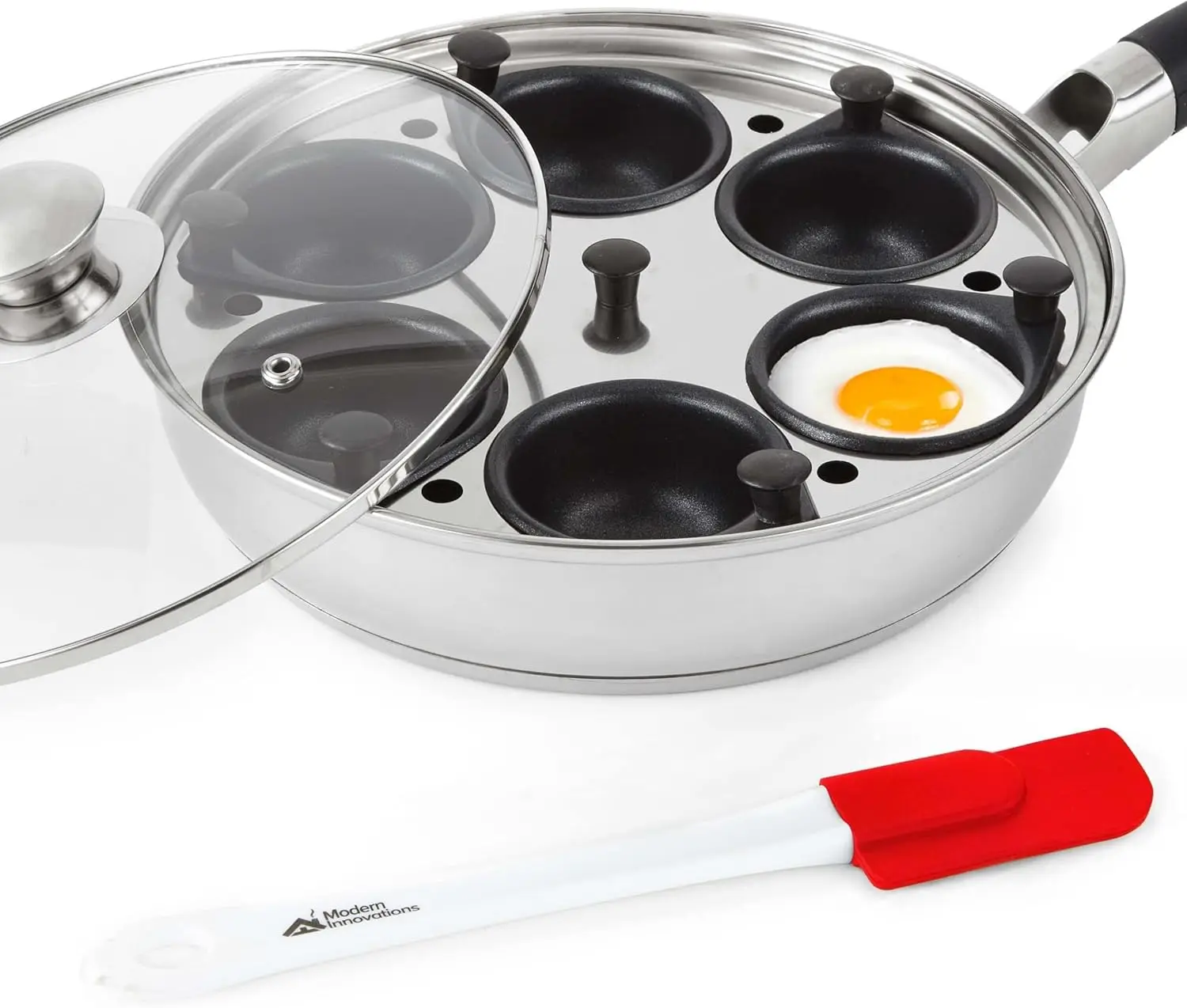 

Egg Poacher Pan - Nonstick Stainless Steel Maker With Handle, 6 Cups, and Silicone Spatula