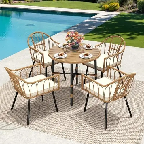 5-Piece Wicker Patio Dining Set with Umbrella Hole