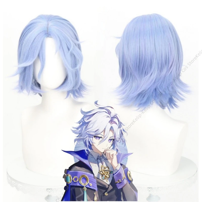Peluca de Cosplay de Genshin Impact Mitya, pelo corto, color azul claro y morado, pelucas de anime para juegos, pelucas sintéticas resistentes al calor