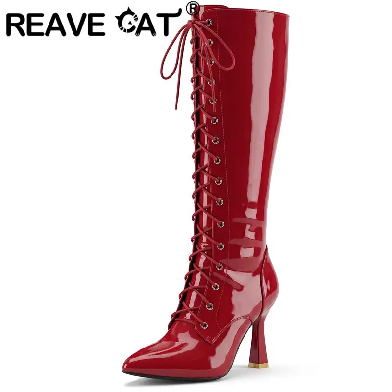 REAVE CAT White Shiny Women Knee High Boots Pointed Toe 9cm Thin Heel Zipper Lace Up Plus Size 45 46 47 Sexy Dating Botas Shoes