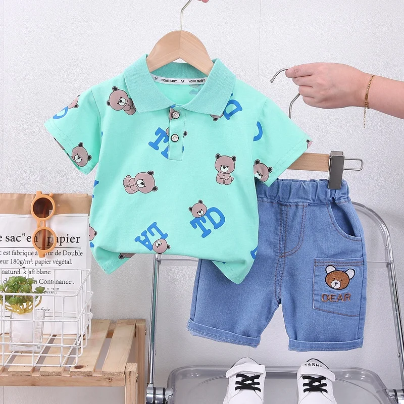 0-5 anni neonato estate vestiti semplici Set Polo orso cartone animato moda per bambini + pantaloncini di jeans abiti 2 pezzi