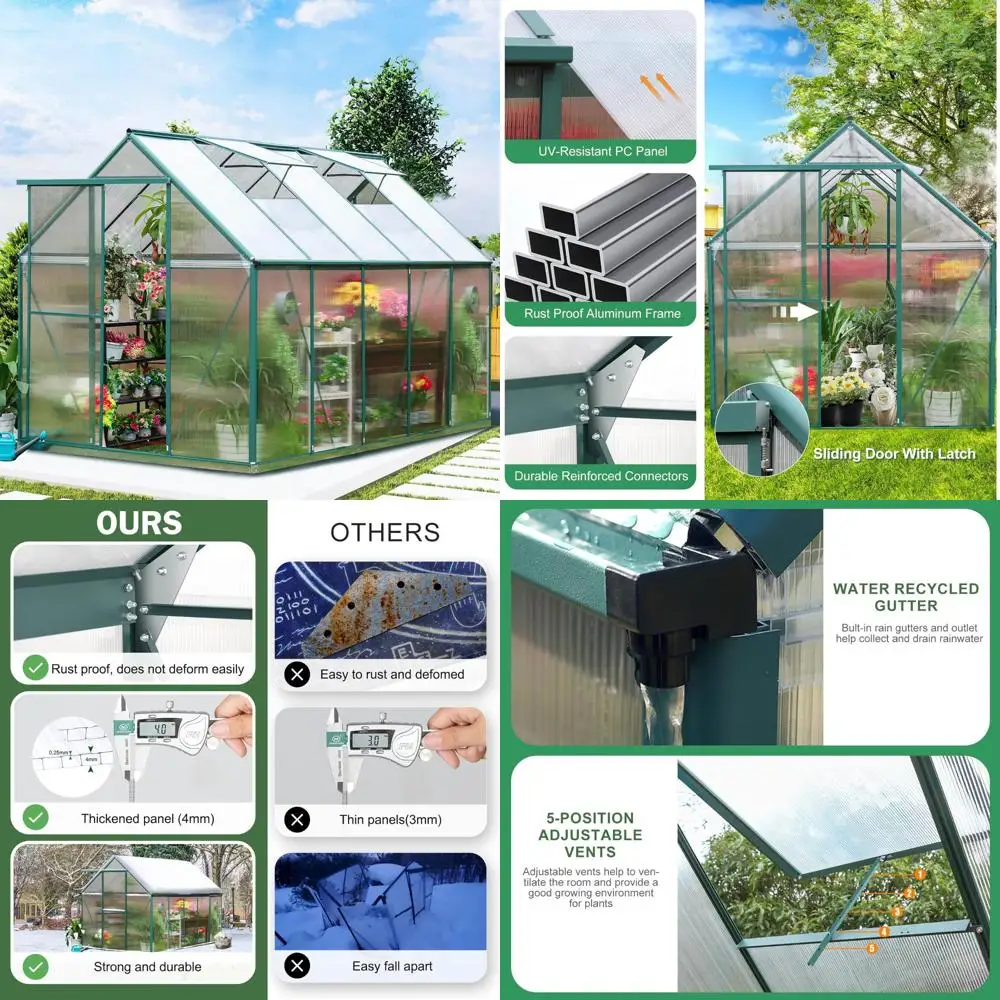 

Outdoor Polycarbonate Greenhouse Kit, 10x6 FT, Heavy Duty Aluminum, with Rain Gutter, Ventilation, and Lockable Door