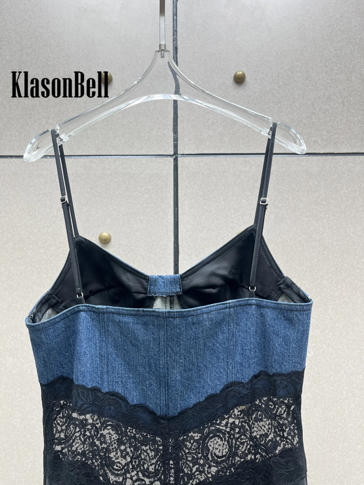 8.31 KlasonBell Women Fashion Denim Spliced Lace Maxi Evening Dress Elegant Sexy Strapless Spaghetti Strap Slim Banquet Dress