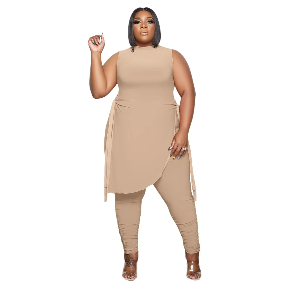 Plus Size Women Two-piece Sets Fashion Casual Wave Edge Tied Solid Color Two-piece Suit Elegant Sleeveless Tops With Pants Suit