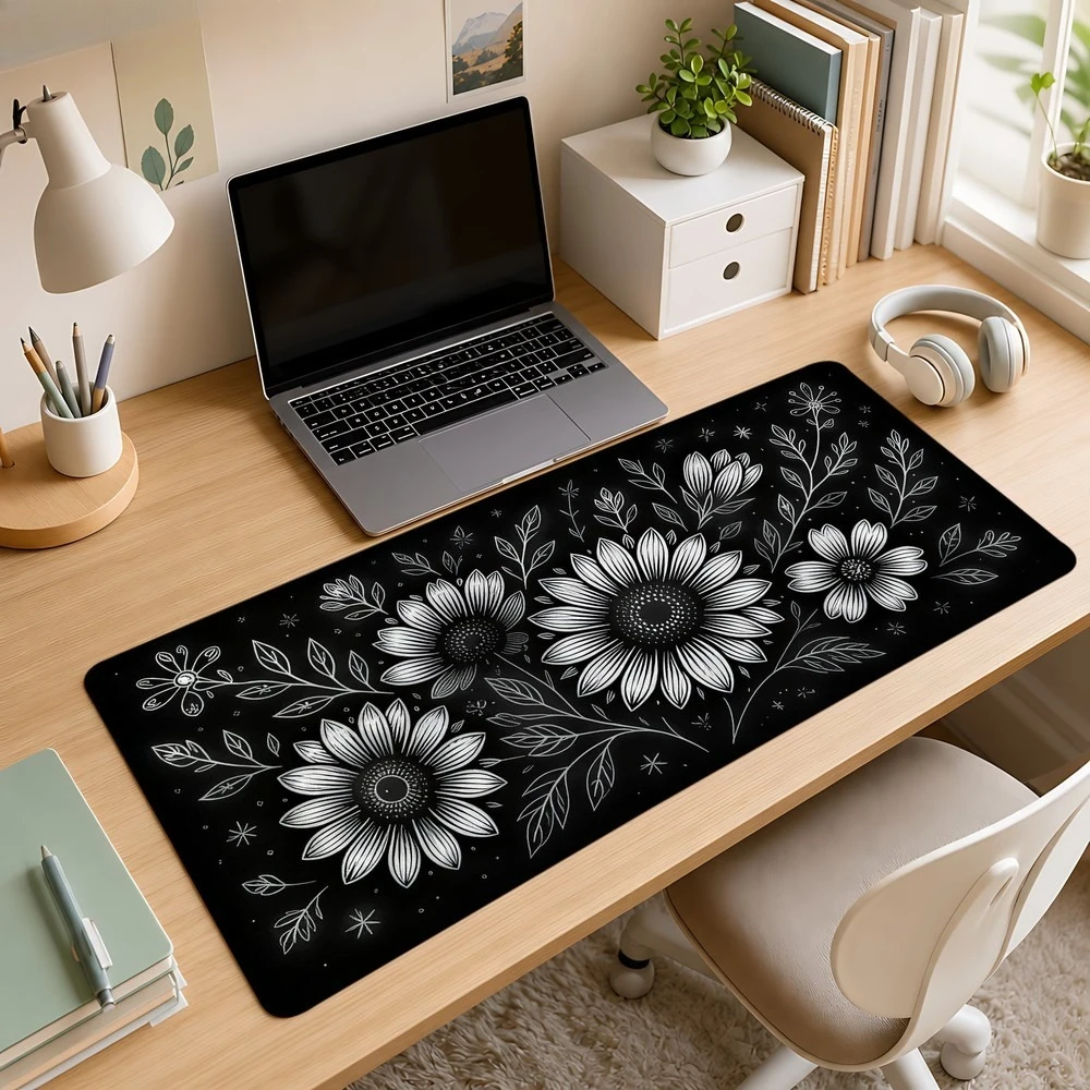 Black background with white daisy flower and leaf branch pattern mouse pad, anti-slip, suitable desk decoration accessories