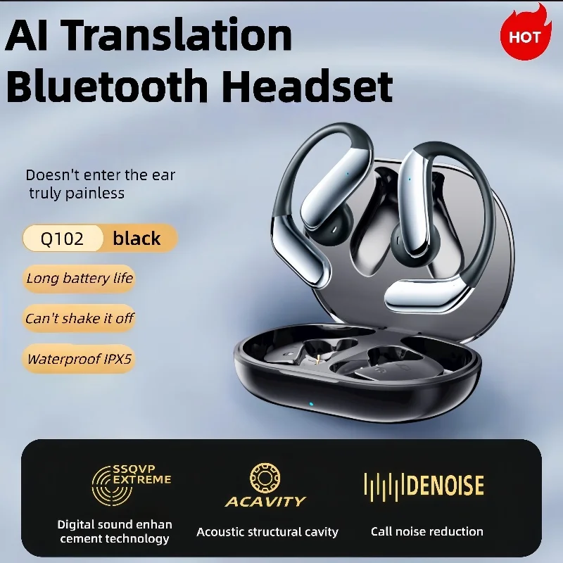 

[Наушники с переводчикомAI] Q102, беспроводные наушники, Bluetooth 5,4, IPX5, водонепроницаемые, спортивные, мощные, время ожидания, 60 часов