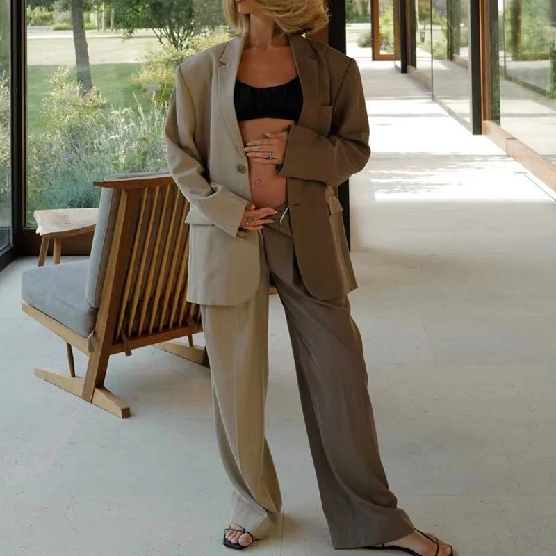 Fashion Contract Color Slim Blazer Work Outfits Elegant Women Notch Collar Long Sleeve Jackets&Trousers Suit Group Of Pant Set