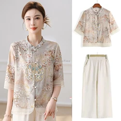 2024 summer chinese chiffon tang suit set new style flower printed half sleeve elegant blouse loose long pants chinese set w818