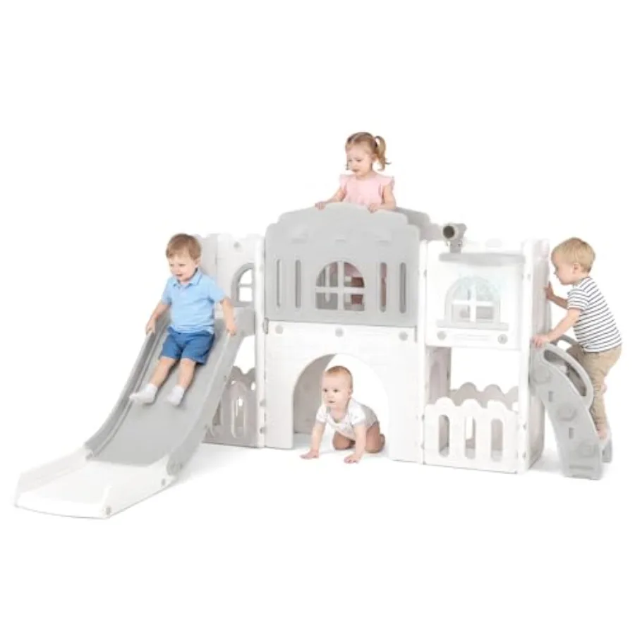 

Детская горка 9 в 1 для дома и улицы с лазалкой, баскетбольным кольцом, телескопическим туннелем, коридором, отсеком для игрушек и рулевым колесом