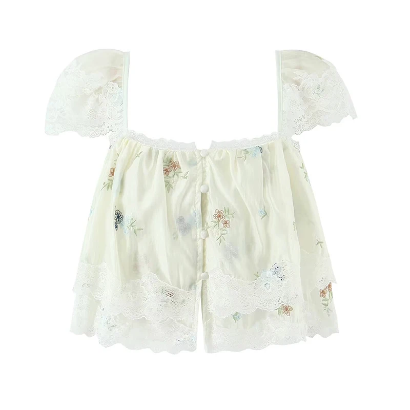 YENKYE Camicetta estiva sexy con ricamo floreale per ragazza dolce, finiture in pizzo, collo quadrato, manica corta, top corto per le vacanze
