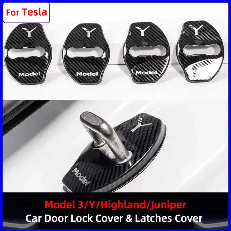 

Car Door Lock Buckle Cover Door Lock for Tesla Model 3/Y/Highland/Juniper Carbon Pattern Metal Stickers Protector Accessories