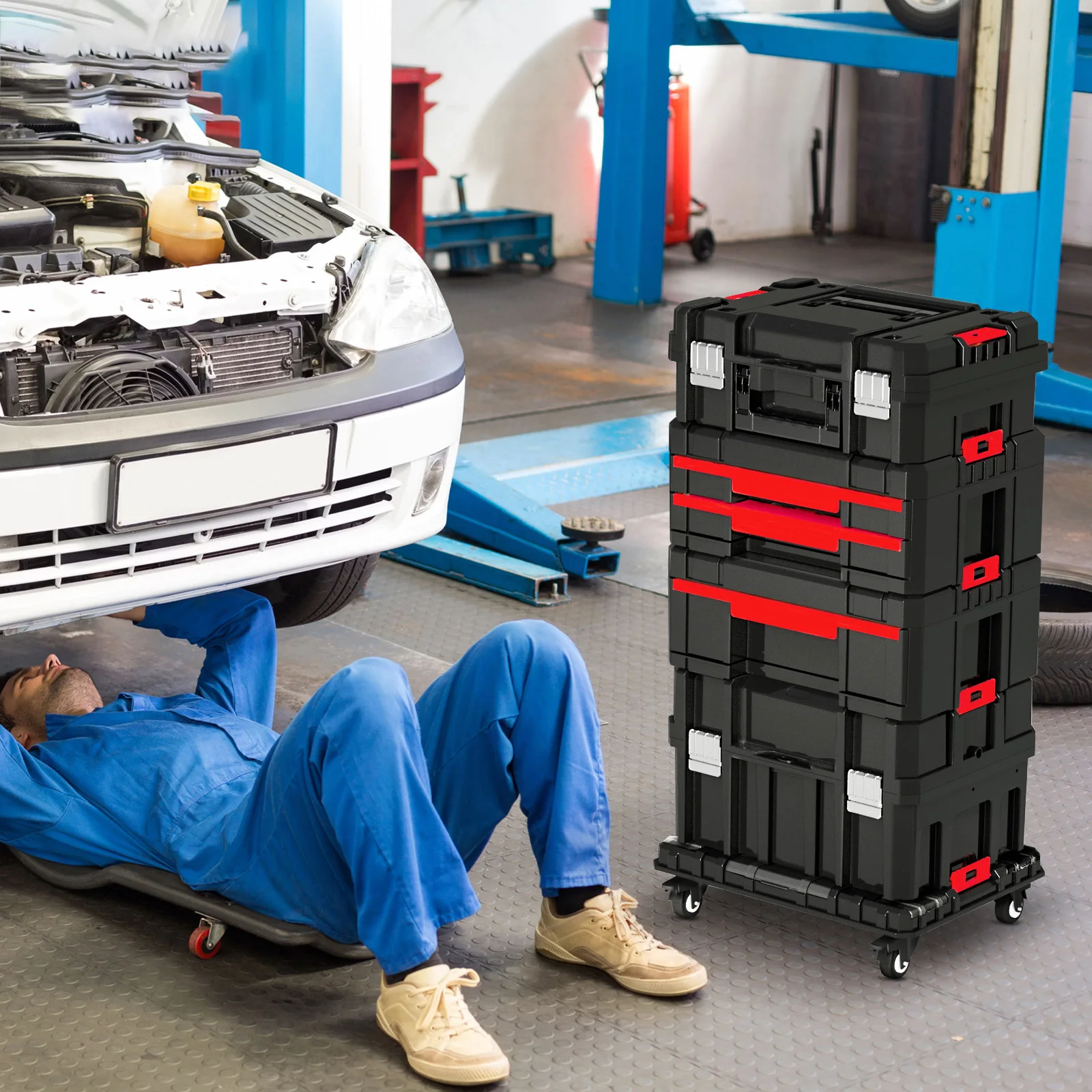 DELIXI ELECTRIC 5-Tier Stackable Rolling Tool Box with Wheels Modular Tool Organizer Box Storage Portable Tool Box with Drawers