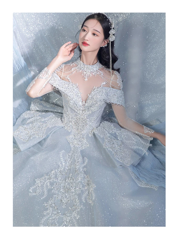 Wedding dress Bridal BLUE Sleeve Palace Style Main Yarn Advanced Texture Veil Bride dress Princess Gown H233